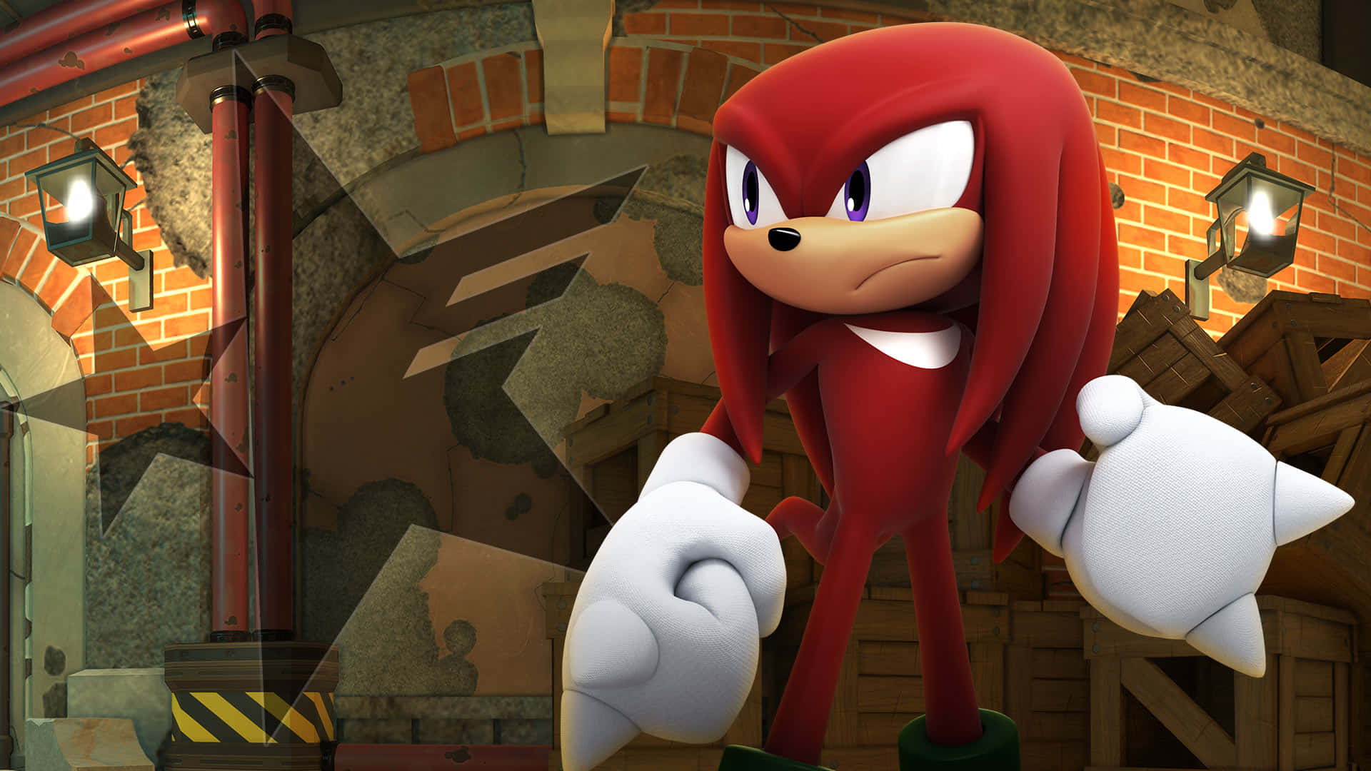 Sonic The Hedgehog In A Red Outfit Standing In Front Of A Brick Wall Background