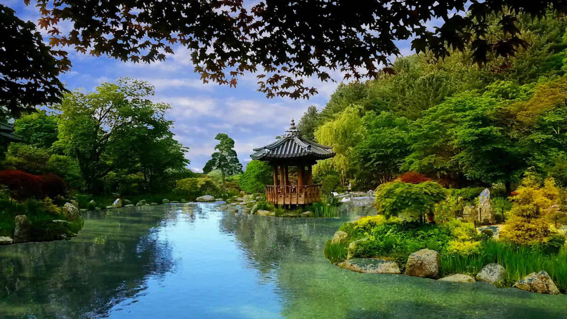 South Korea Garden By The Lake Background