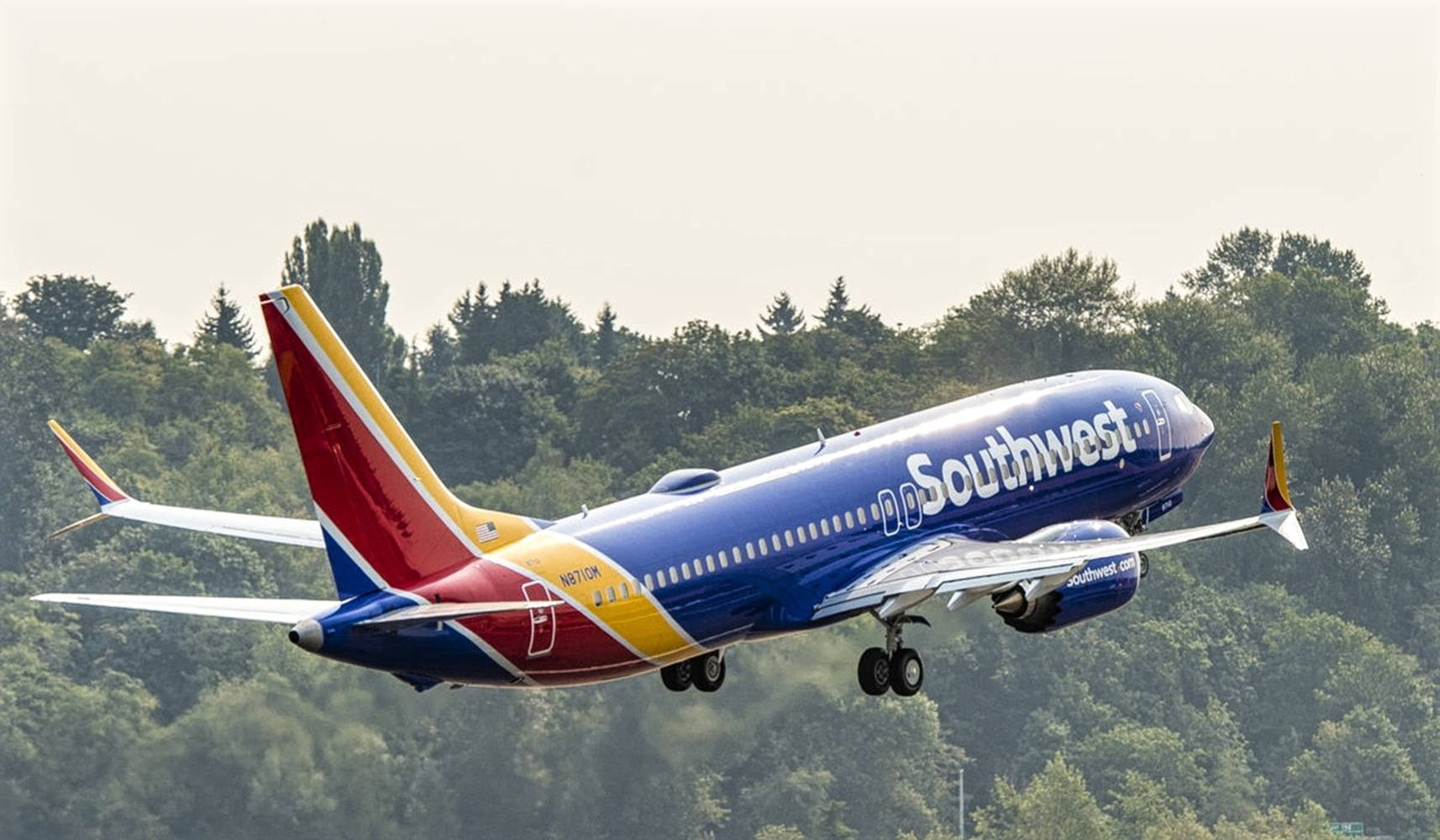 Southwest Airlines Plane Flying Above Trees Background