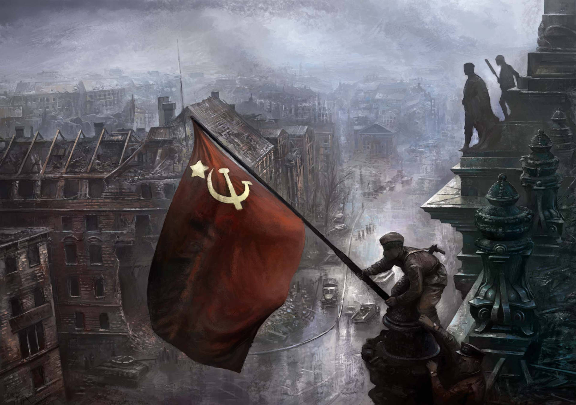 Soviet Flags Fly Over War Zone Background