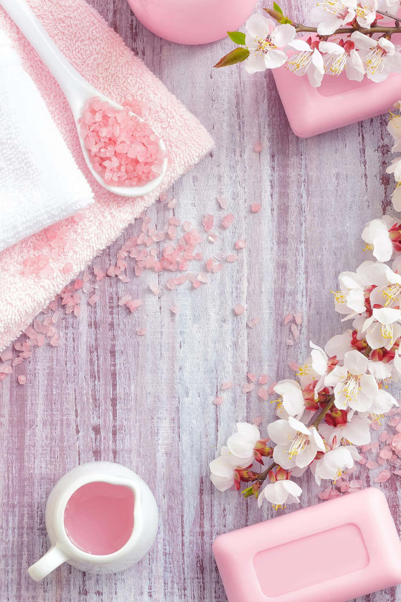 Spa Essentials Pink Saltand Floral Arrangement Background
