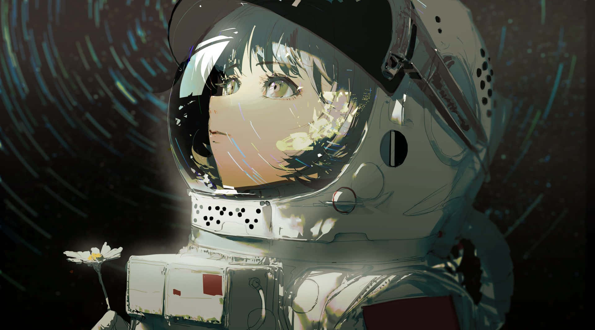 Space Anime Astronaut Flower Background