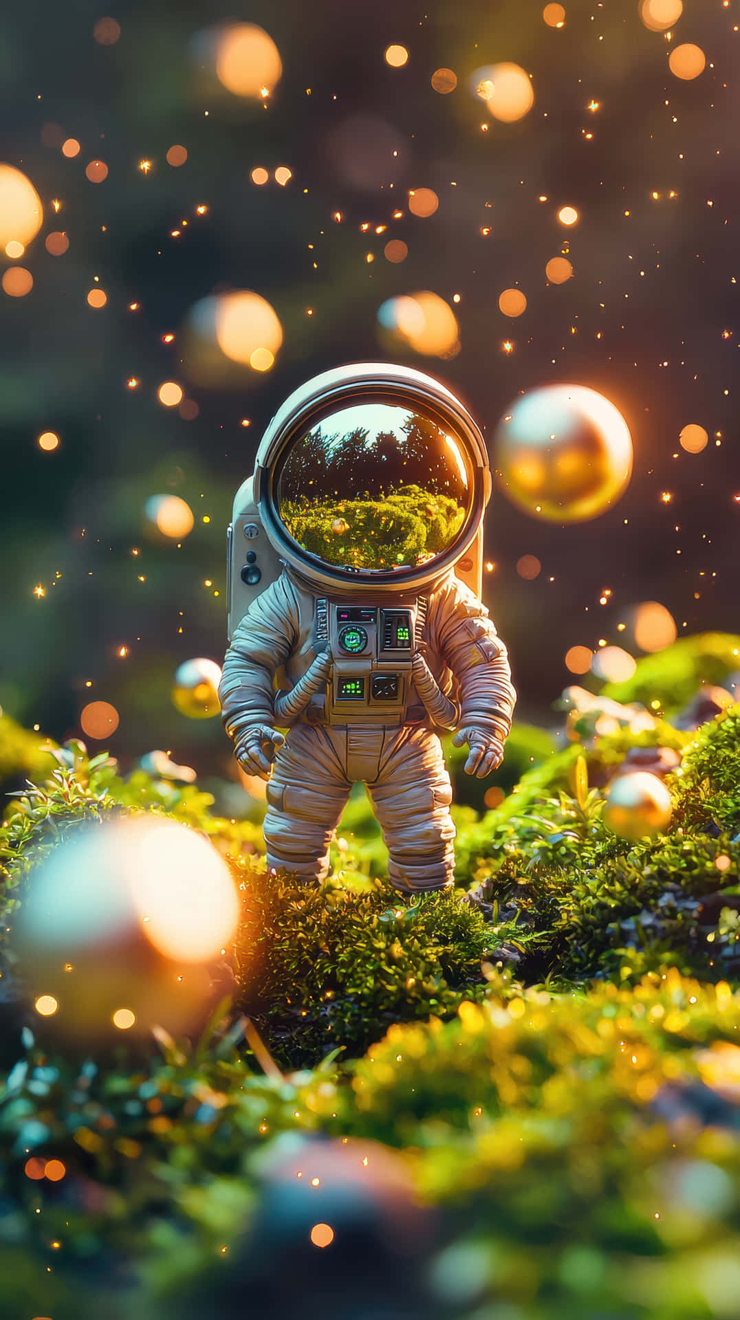 Space Astronaut In Futuristic Forest With Floating Spheres At Sunset Background