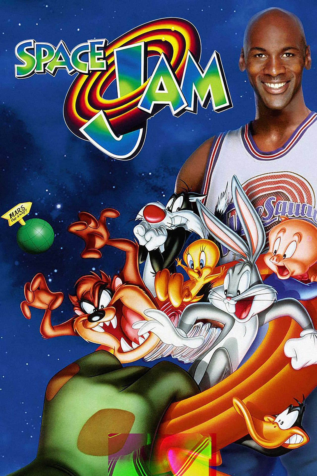 Space Jam - A Cartoon With A Man And Cartoon Characters Background