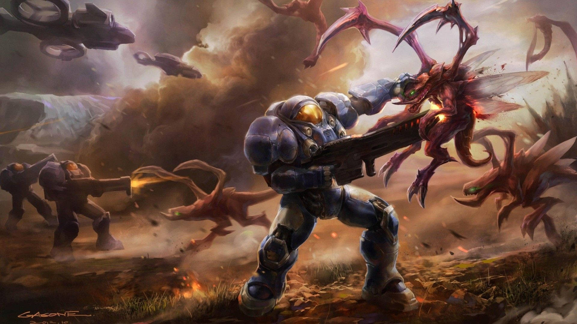 Space Marines Fighting Starcraft Background