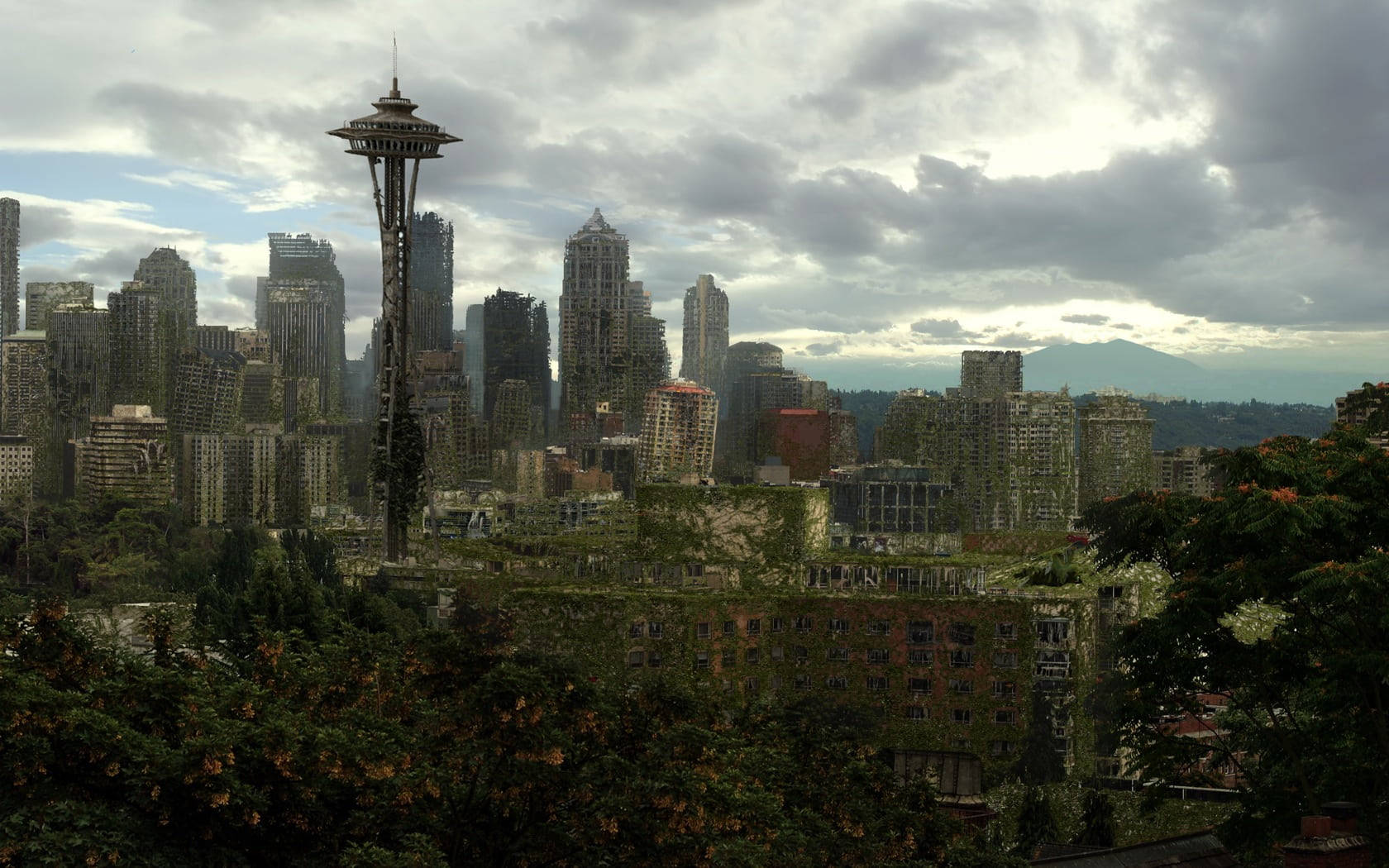 Space Needle Clouds Above Seattle Background