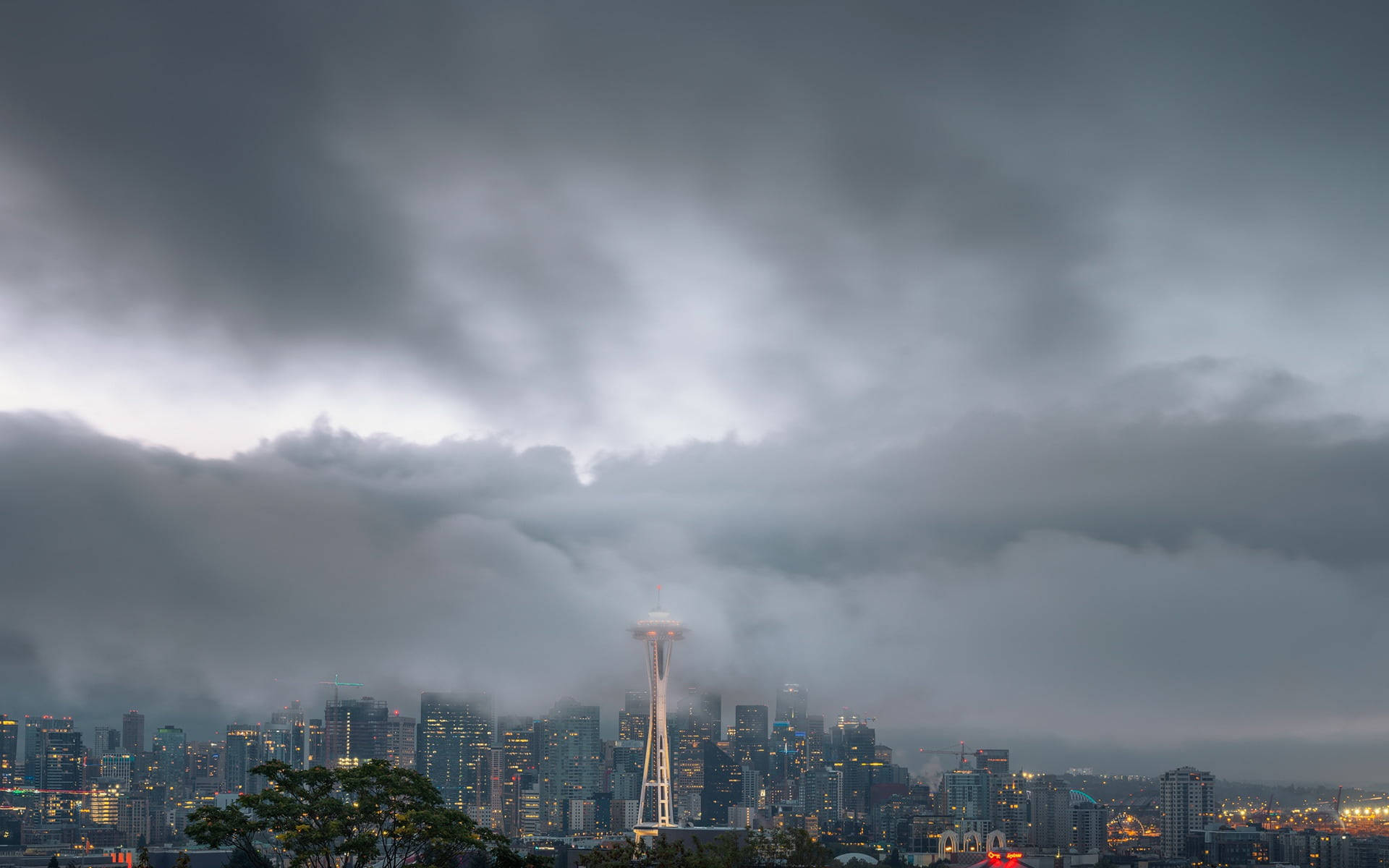 Space Needle Cloudy Sky Seattle Background