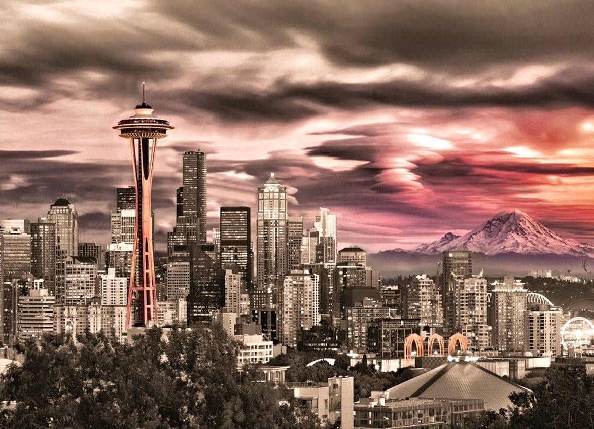 Space Needle Dark Pink Sky Background