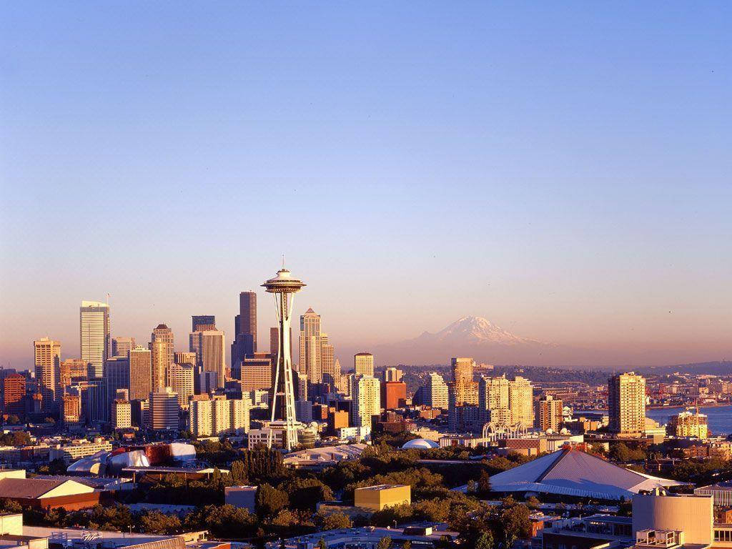 Space Needle Distant Mount Rainier Background