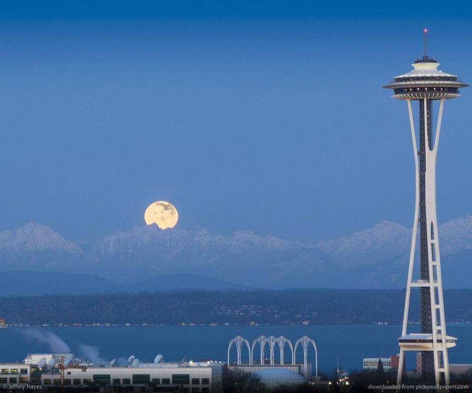 Space Needle Moon Blue Sky Background