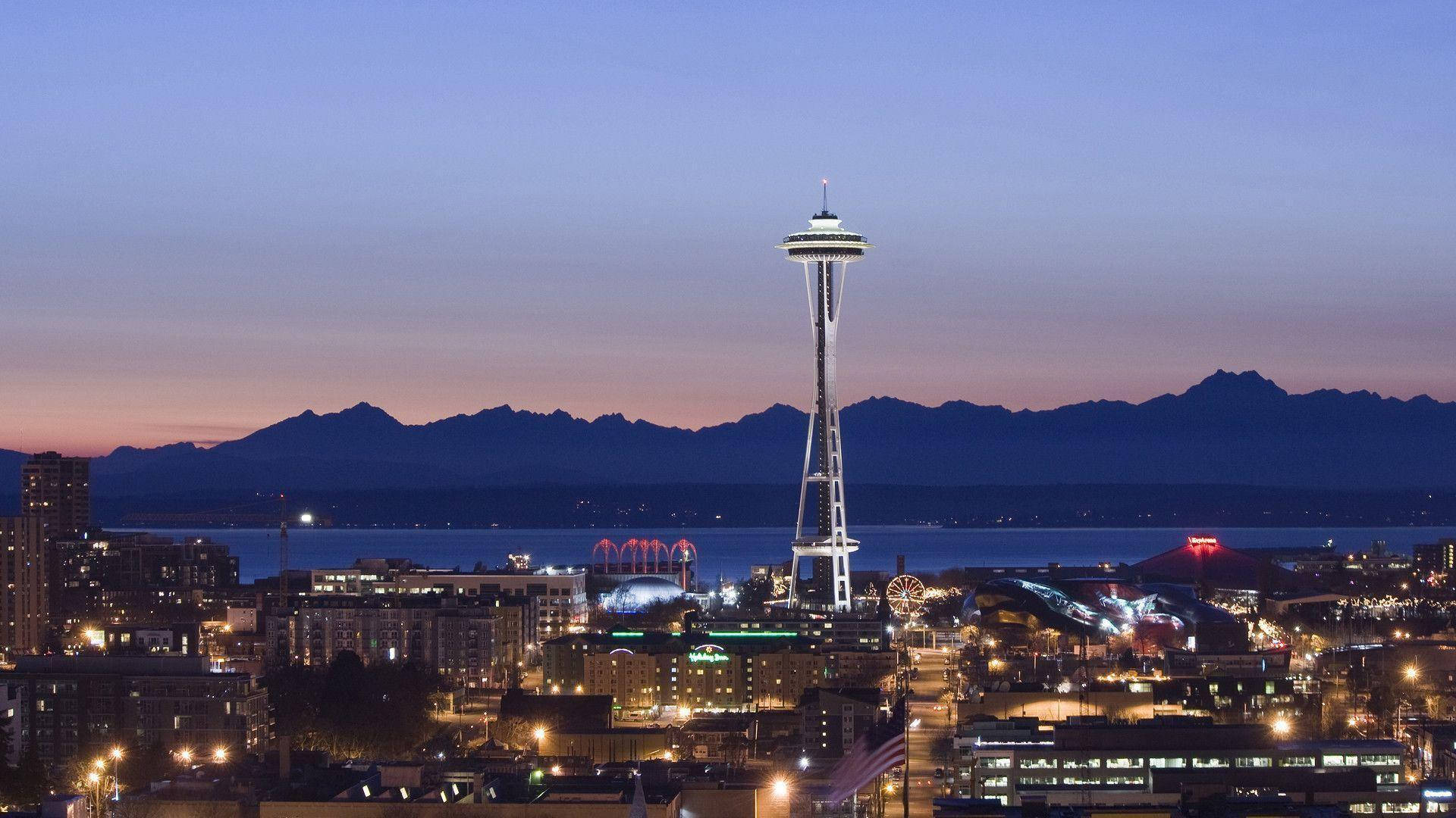 Space Needle Mountains Silhouette Background