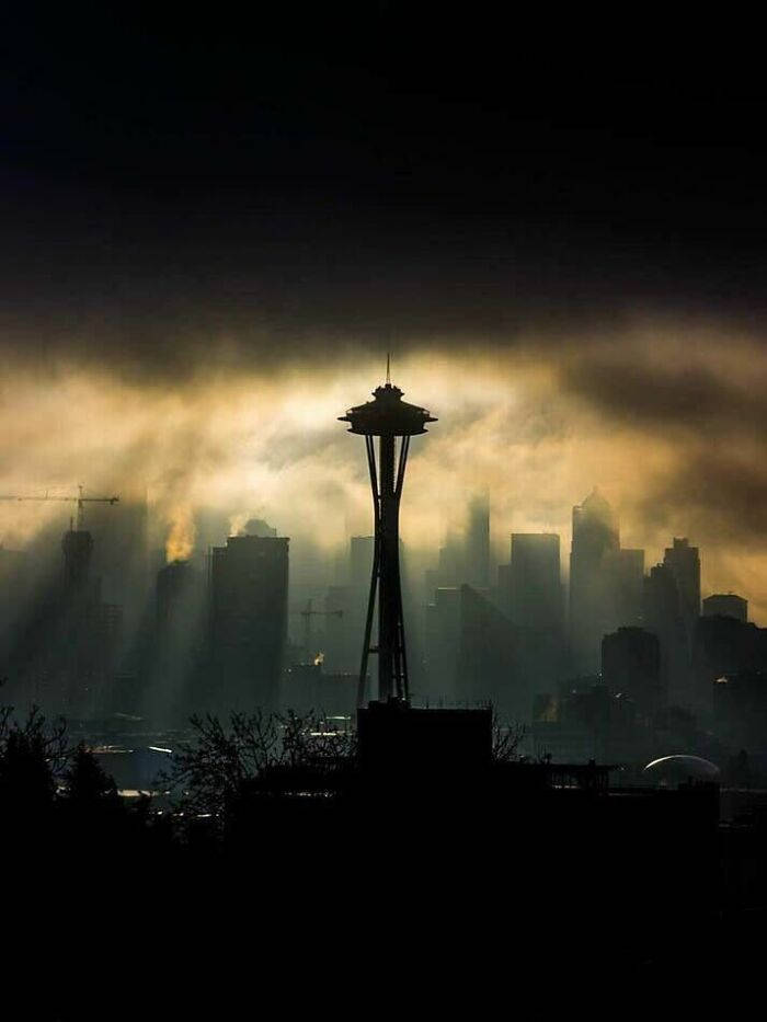 Space Needle Silhouette Seattle Rain Clouds Background