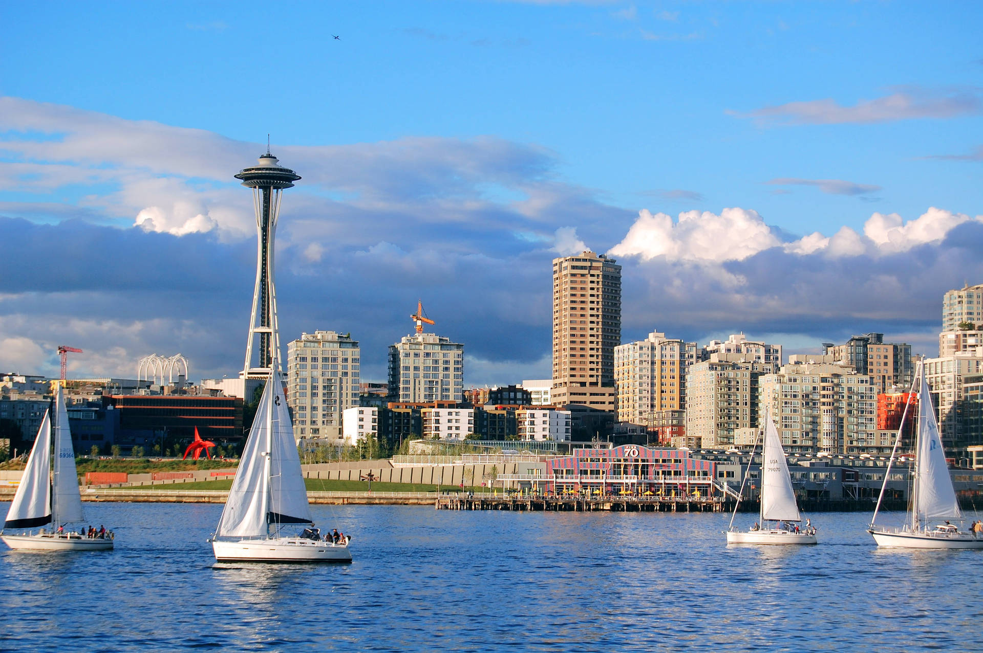 Space Needle White Sailboats Background