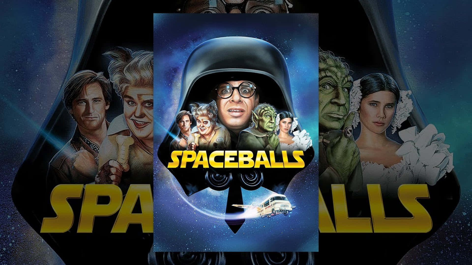 Spaceballs - A Movie Poster With A Group Of Characters Background