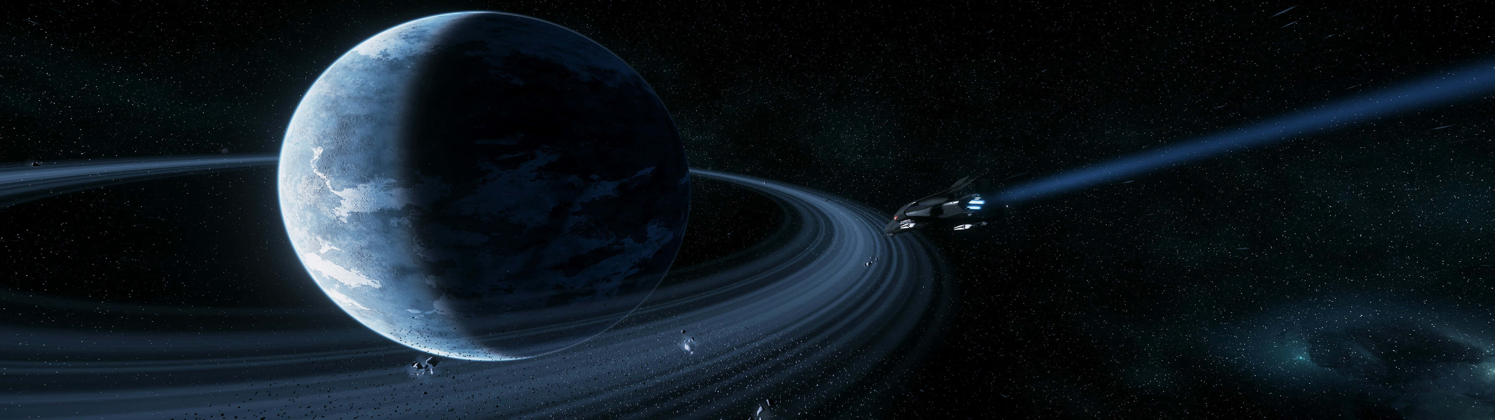 Spacecraft Orbiting Planet Rings Super Ultra Wide