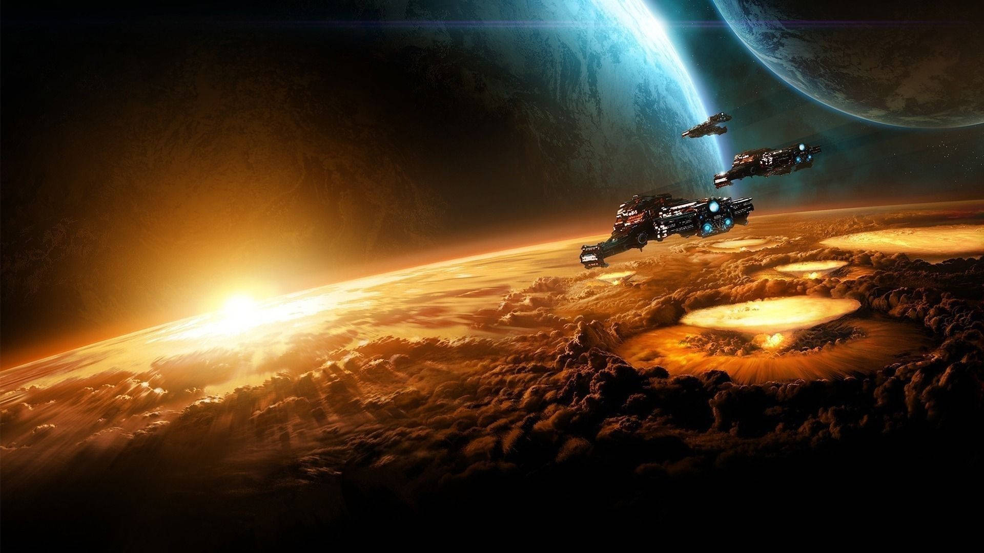 Spaceship Above Exploding Planet Background