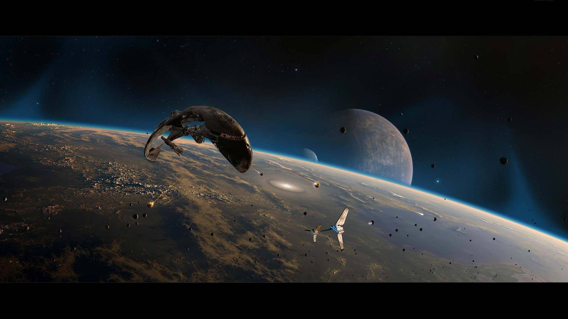 Spaceship Debris In Space Background