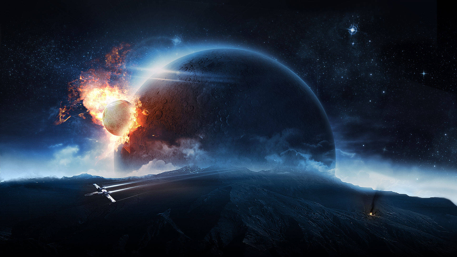 Spaceship Destroyed Planet Background
