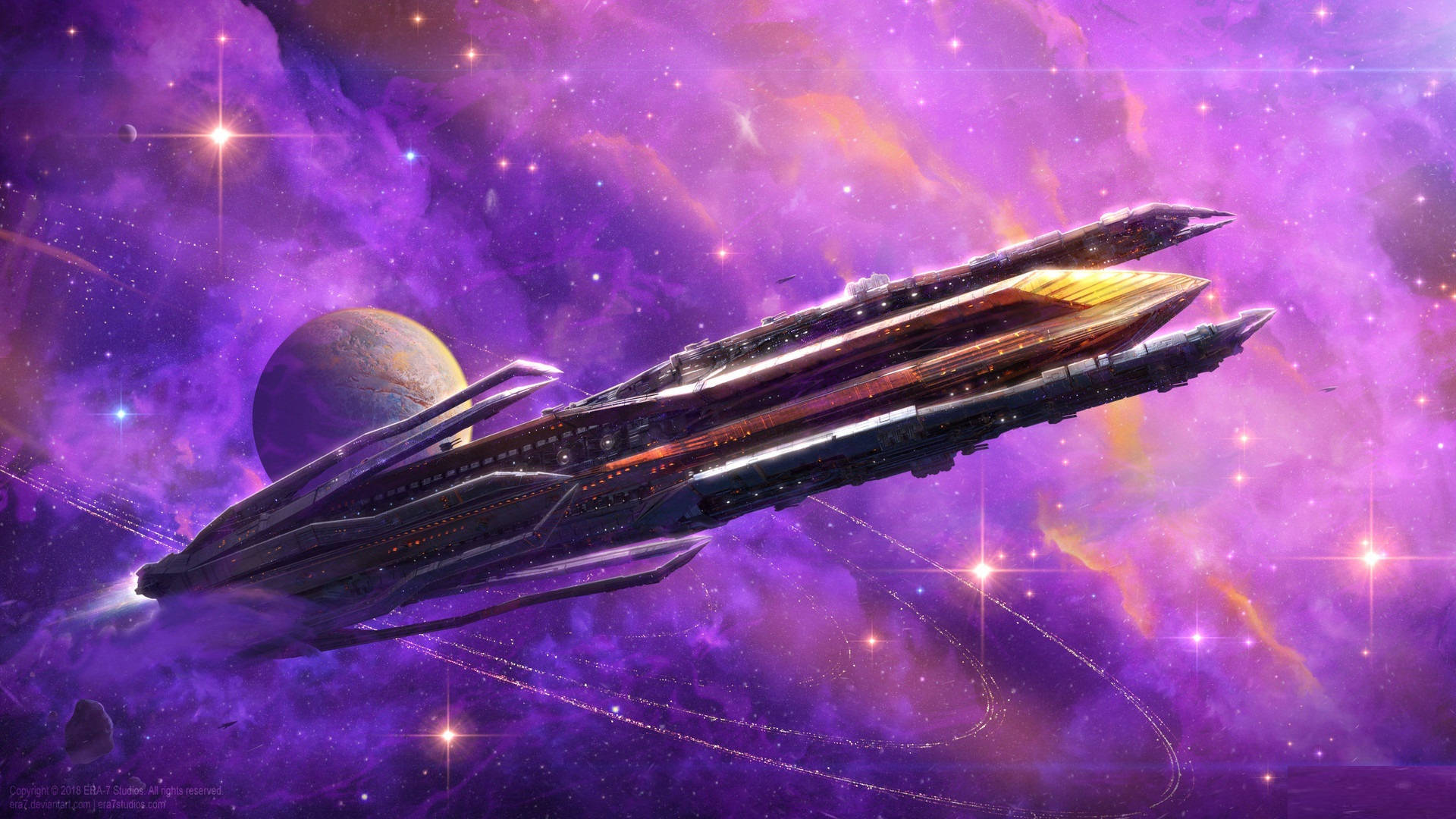 Spaceship In Purple Space Background