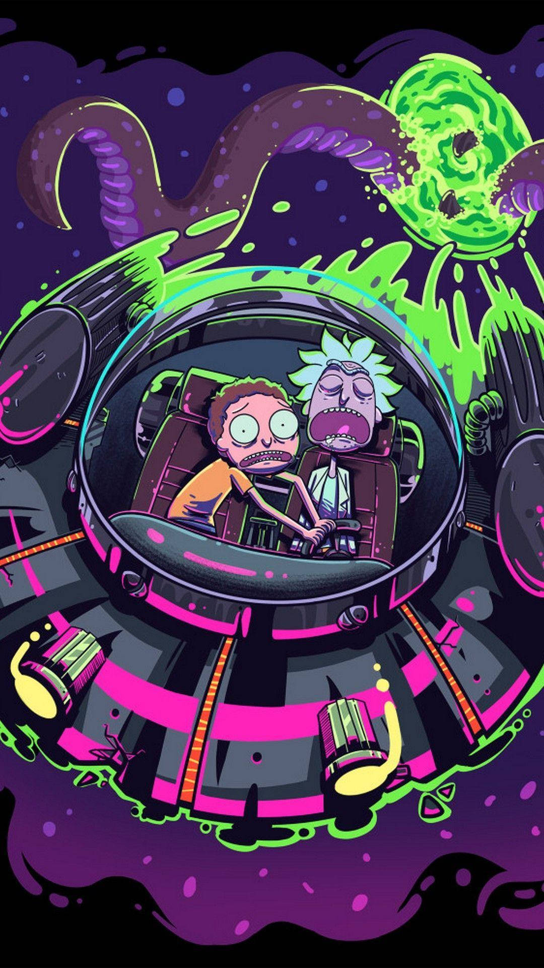 Spaceship Riding Rick And Morty Iphone Background