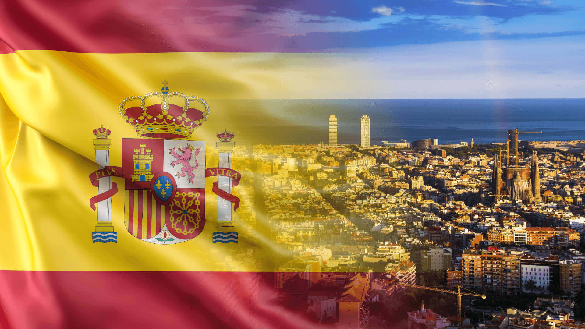 Spain Flag With City And Cityscape Background