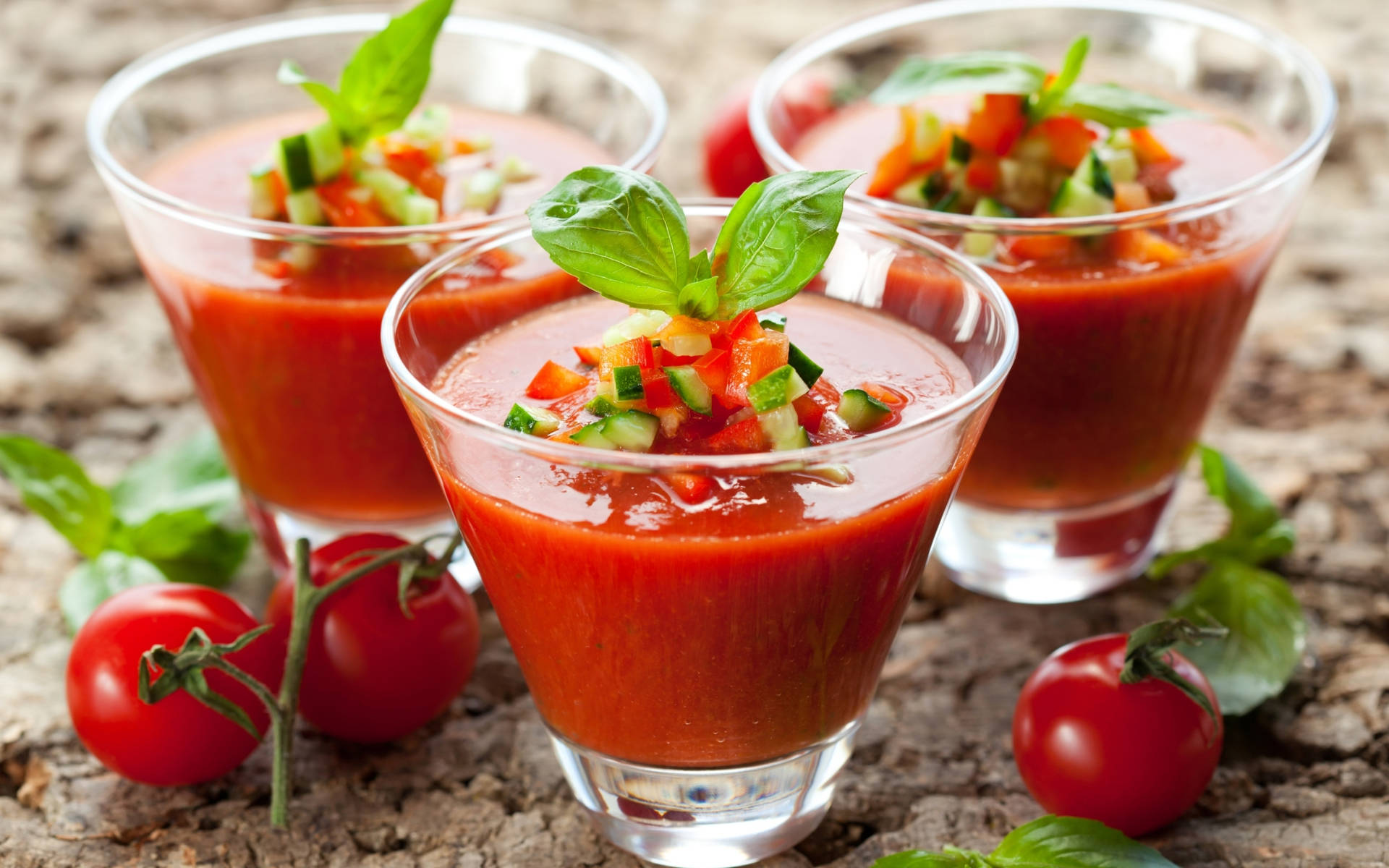 Spanish Gazpacho Tomato Juice Cocktail Glasses Background