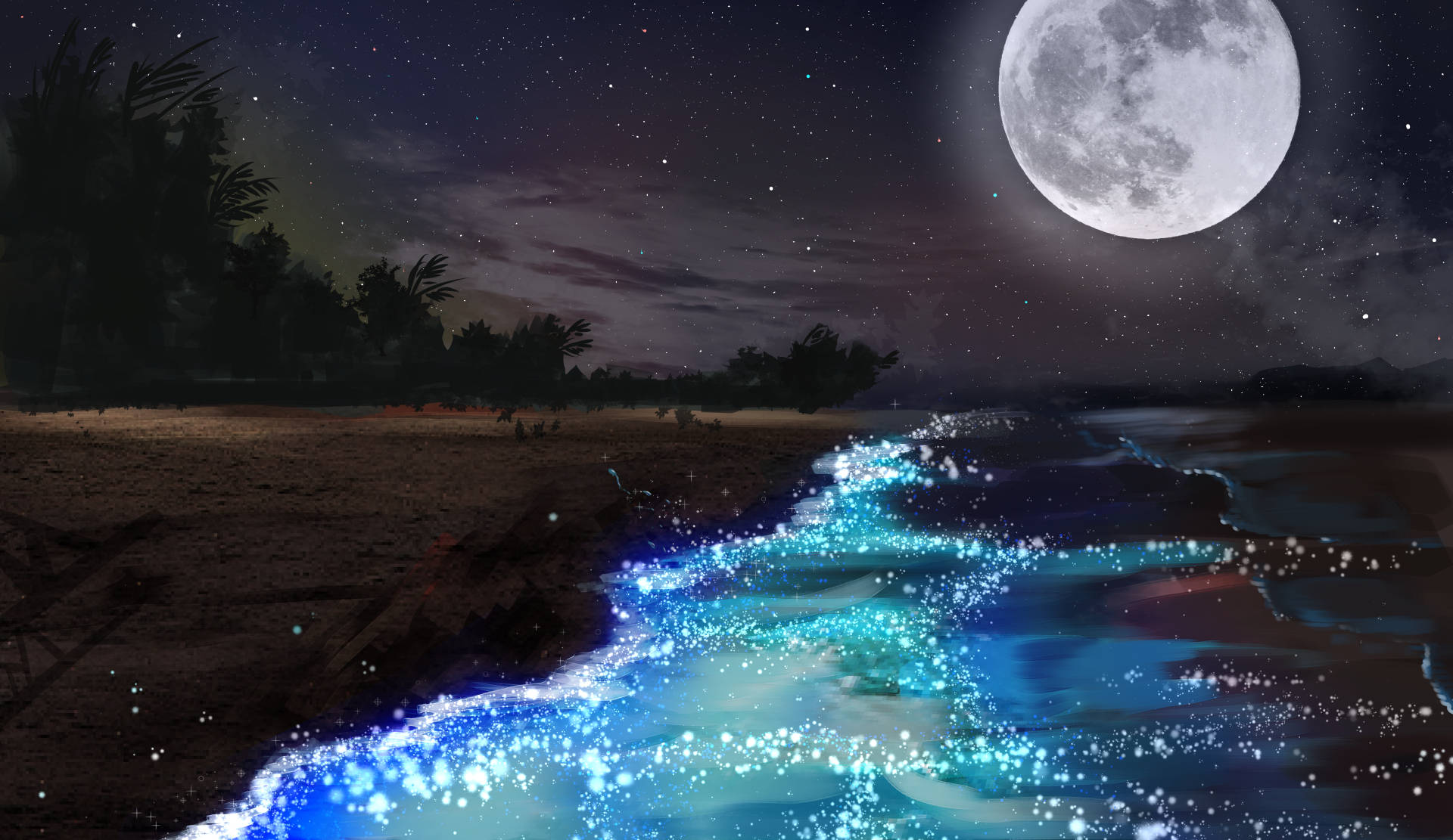 Sparkling Beach Under The Moon Night Sky Background