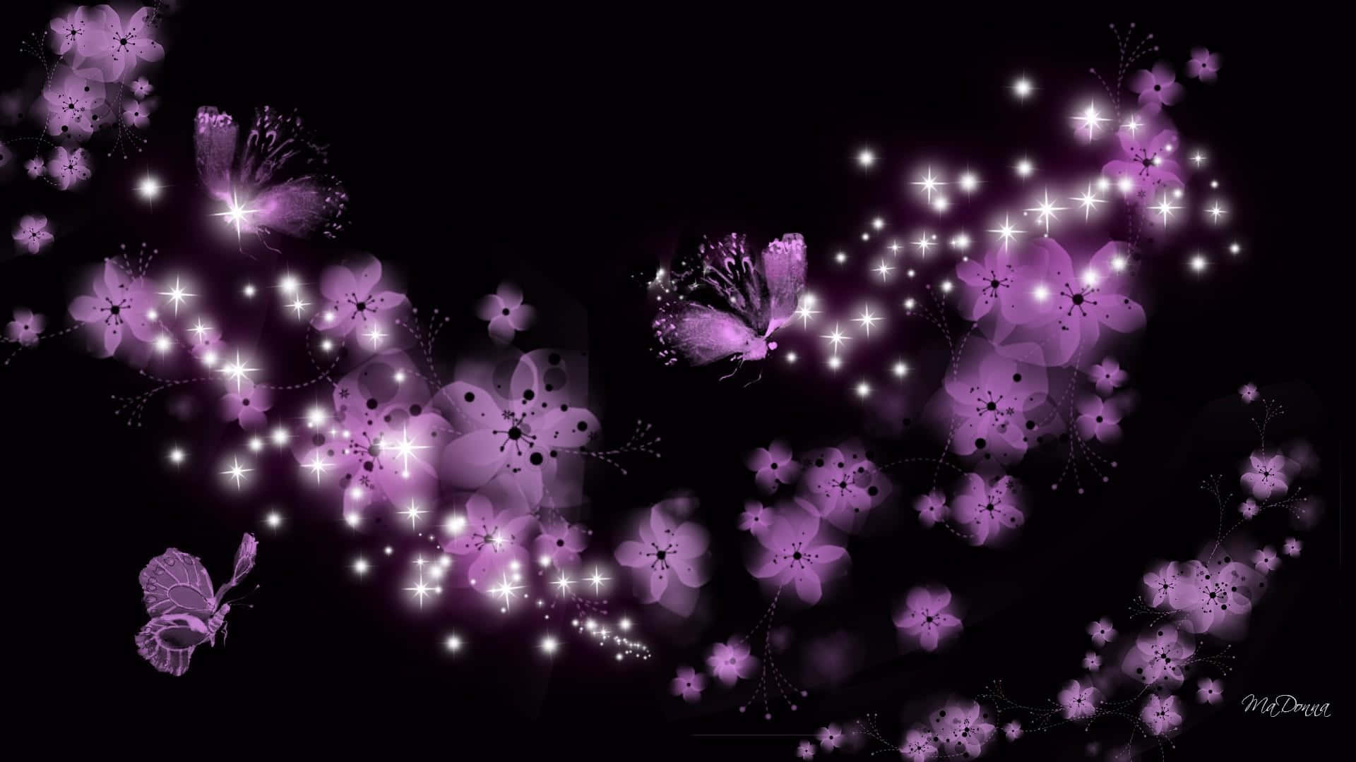 Sparkling Dark Cherry Blossom Flowers With Butterflies Background