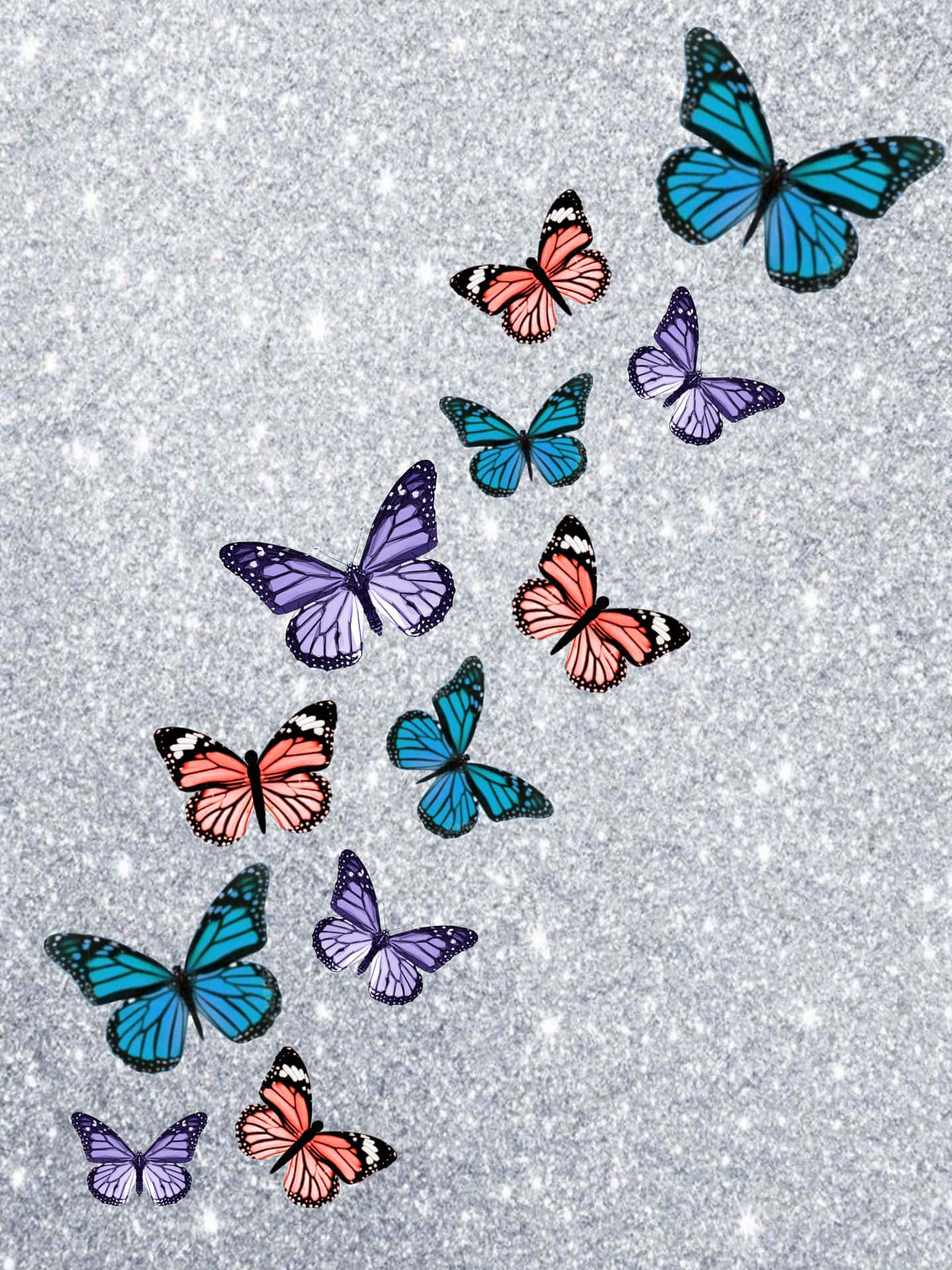 Sparkling Glitter Butterfly Flying Through A Field Of Flowers Background