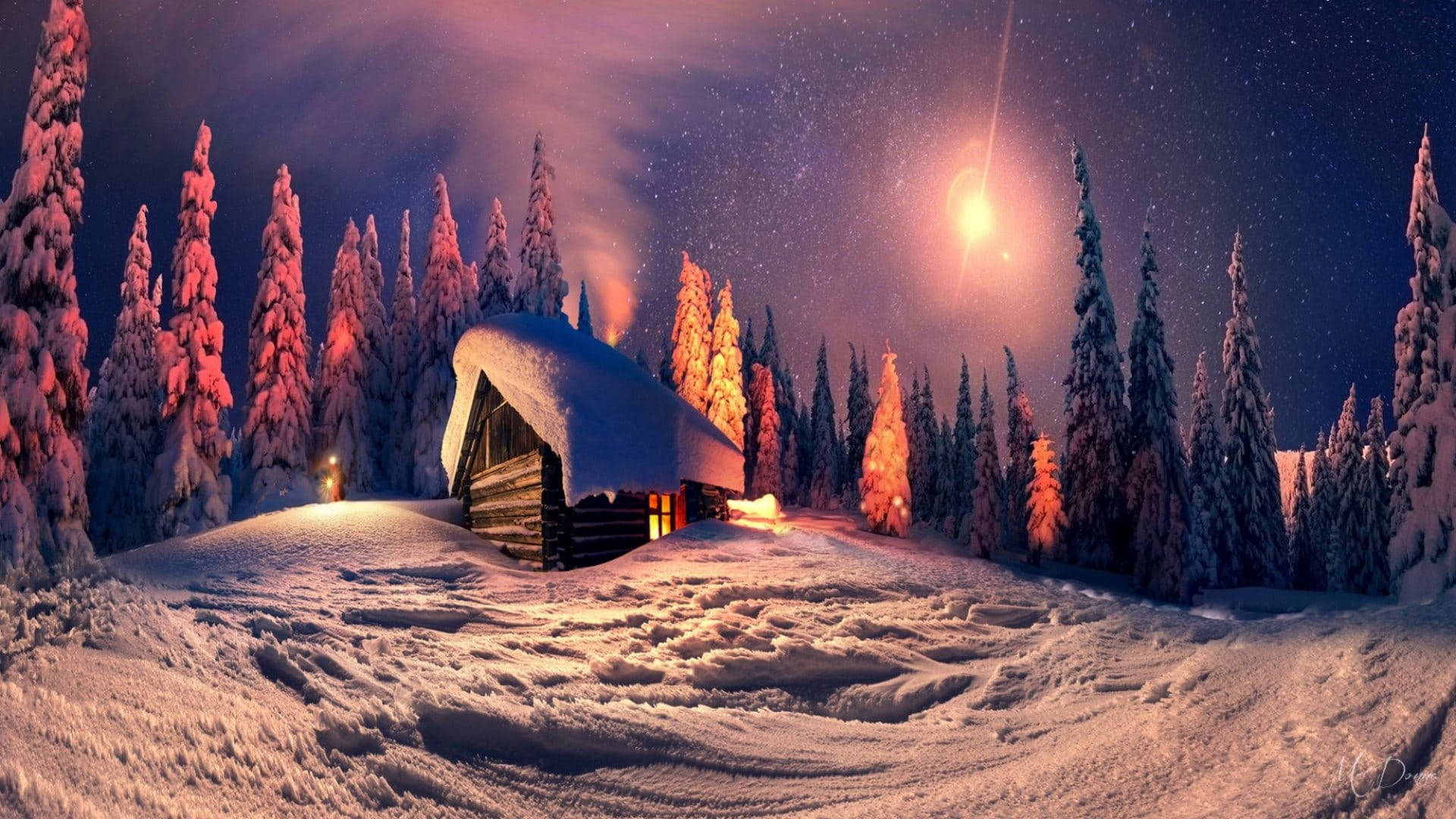 Sparkly Night Sky Above Cozy Winter Cabin Background