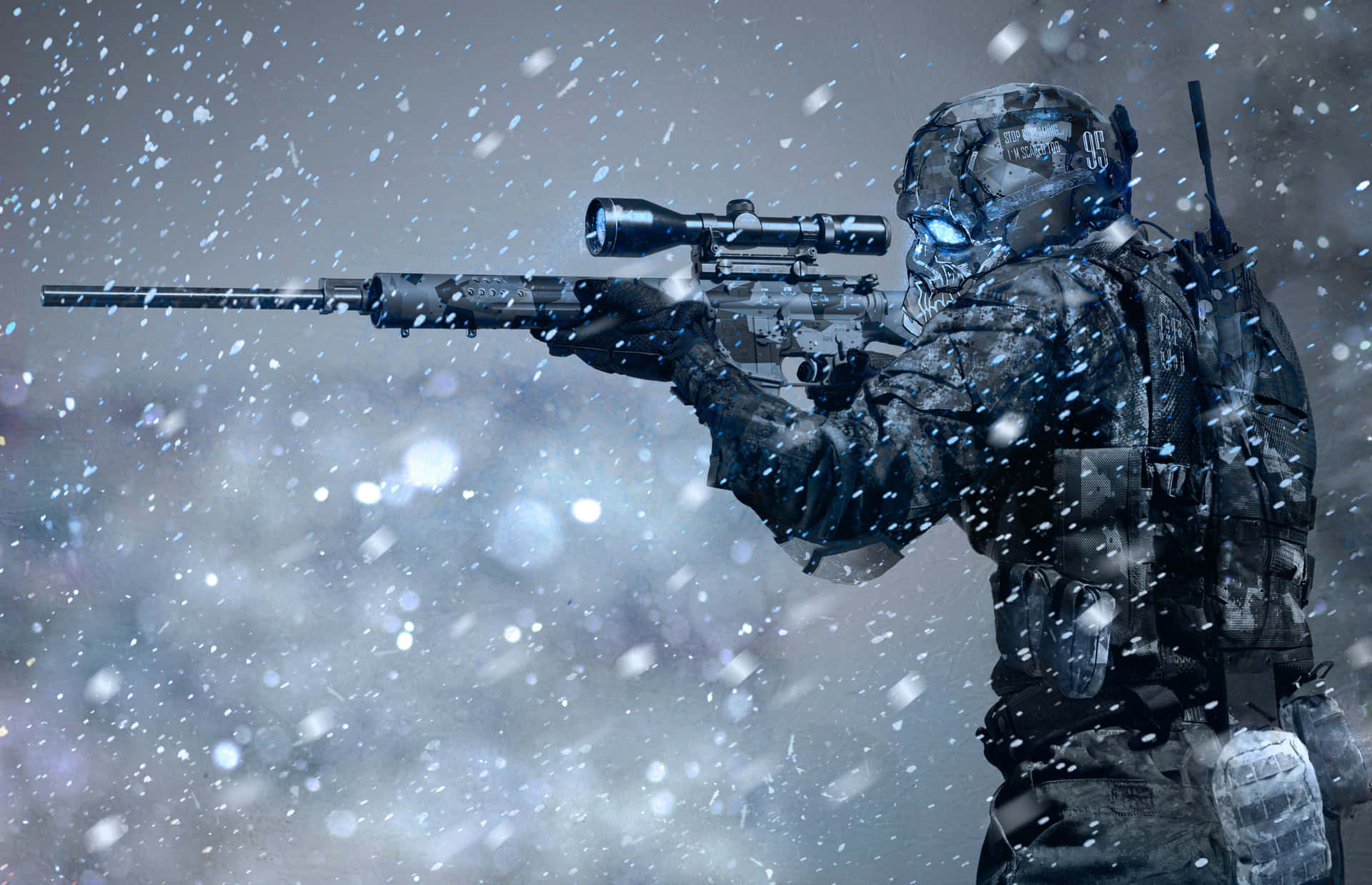 Special Forces Man Shooting Amid Snowfalls Background