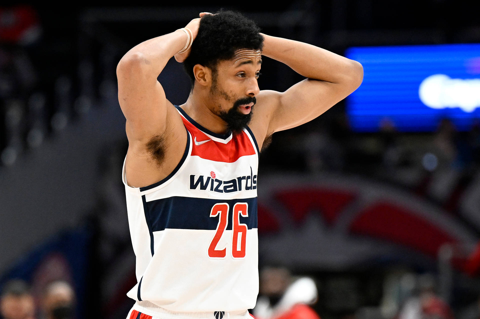 Spencer Dinwiddie Hands Up Pose Background