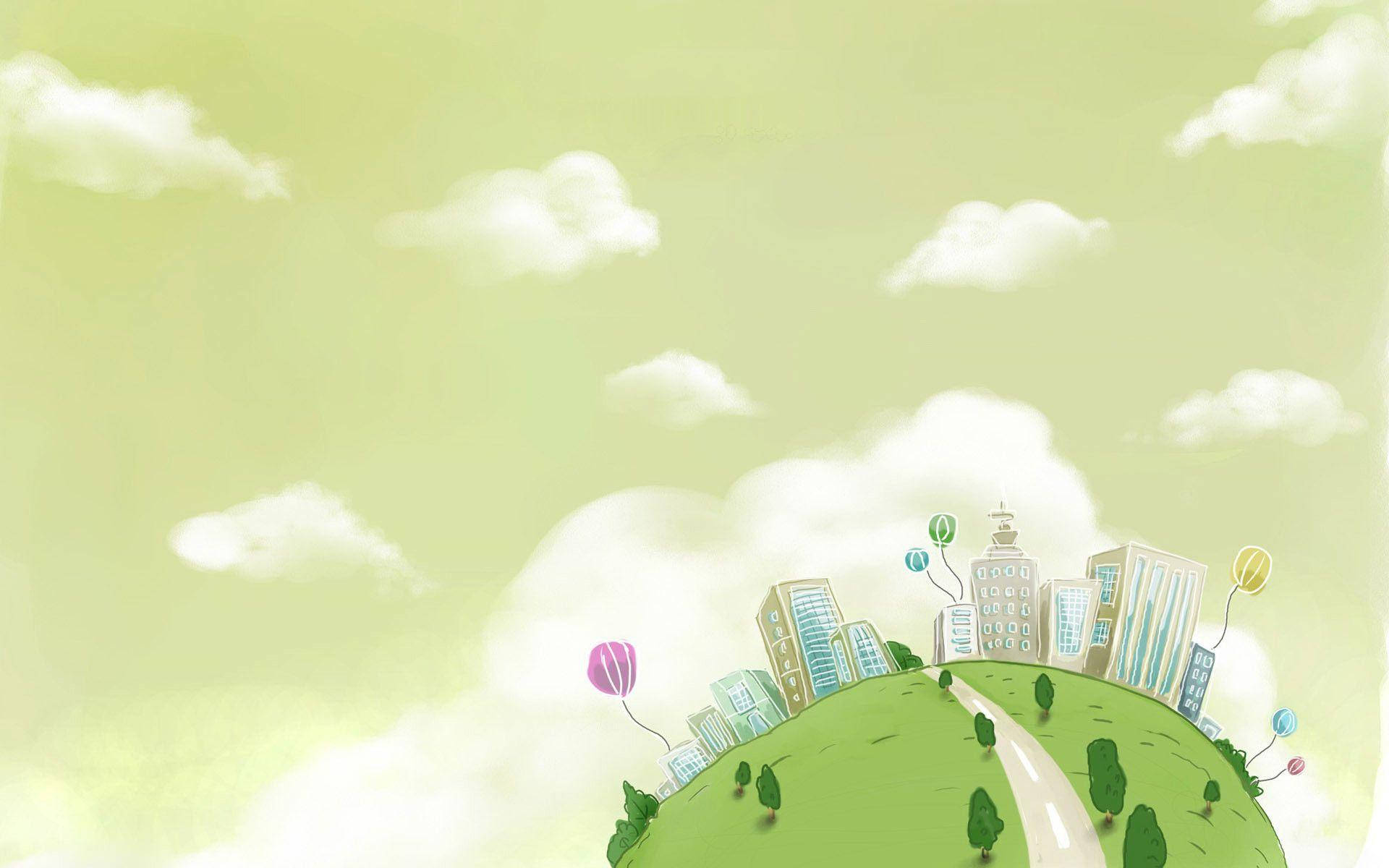 Spherical Green Land City Cute Computer Background