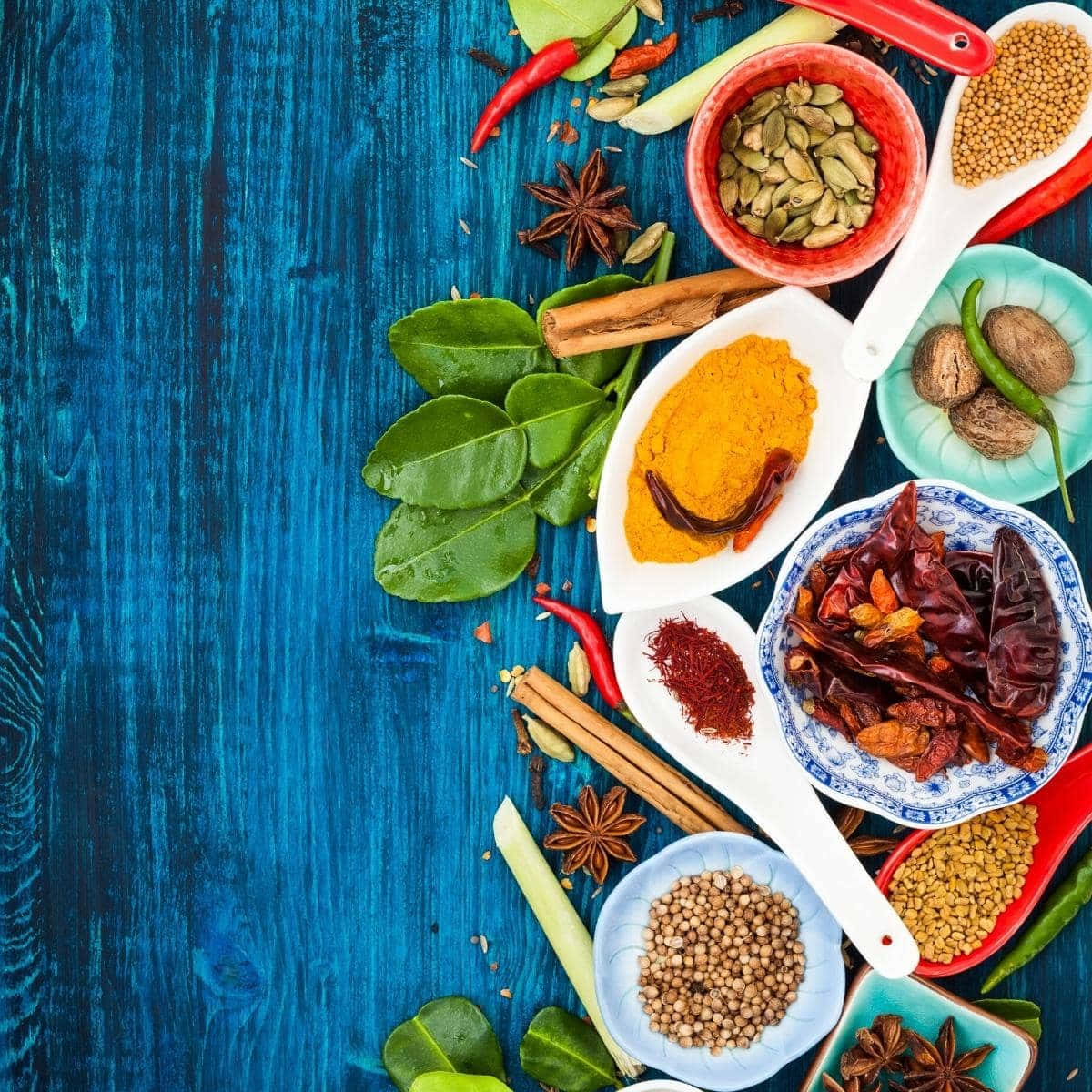 Spices And Leaves Flat Lay Shot Background