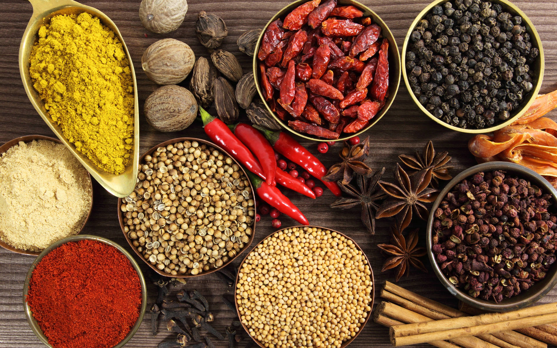 Spices On Bowls Flat Lay Background