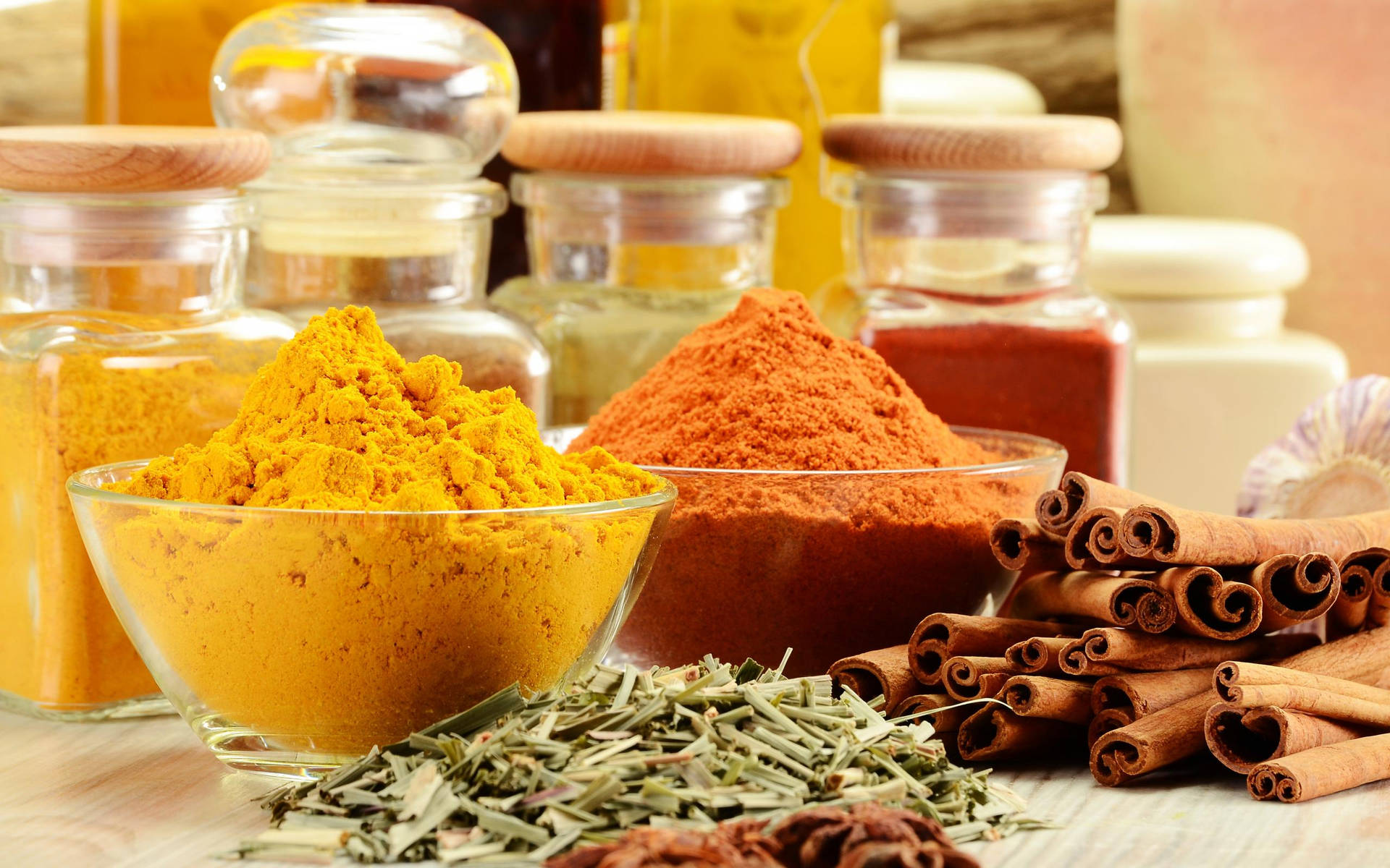 Spices On Glass Bowls And Containers Background