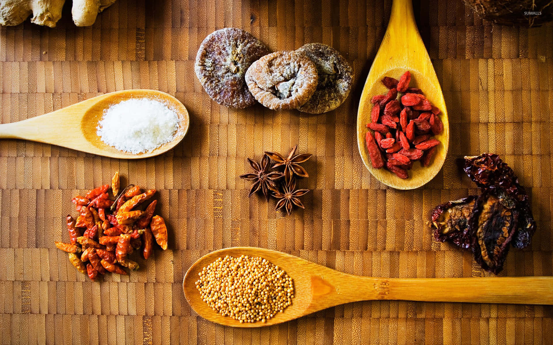 Spices On Wooden Spoons Background