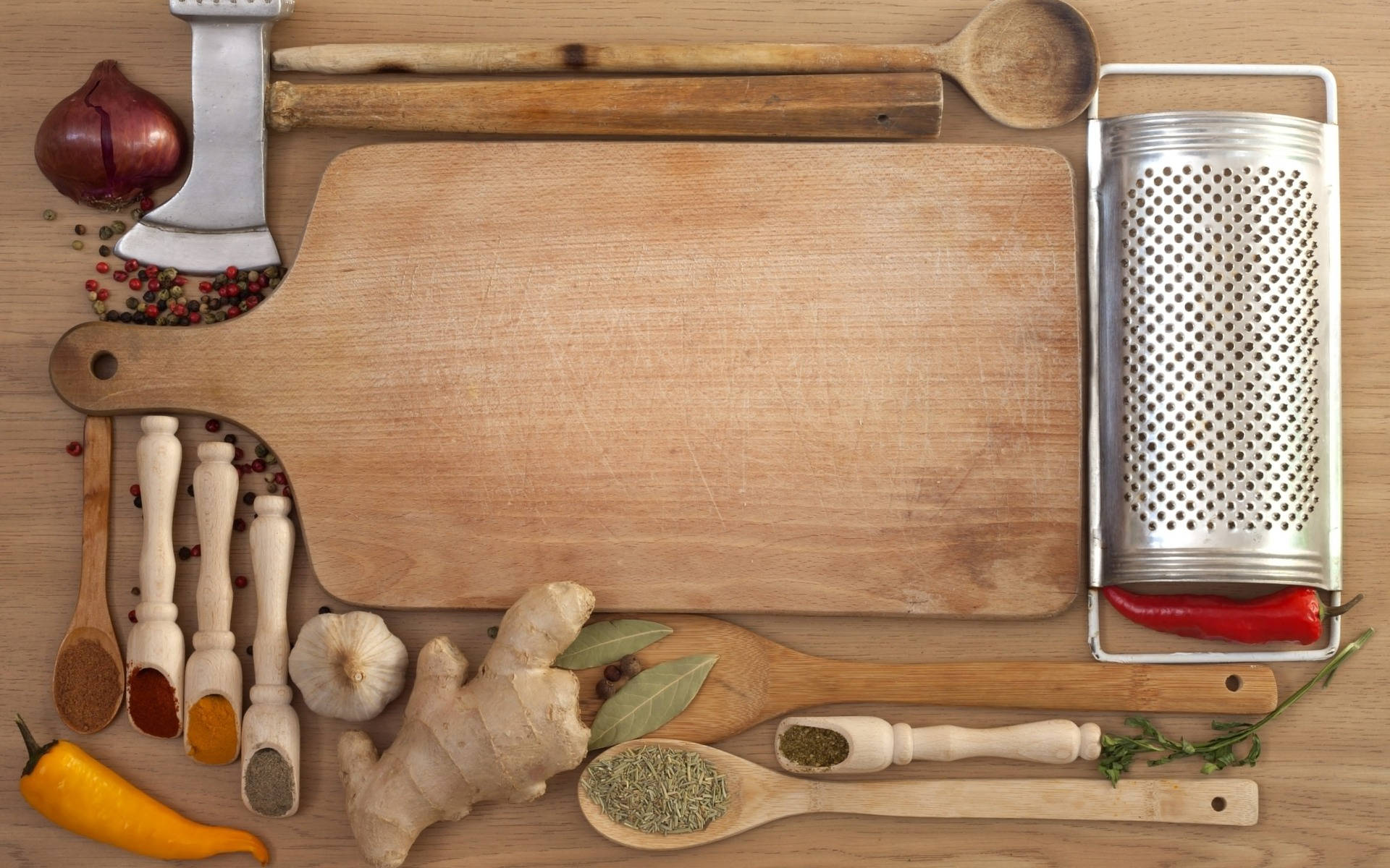 Spices With Different Kitchen Utensils Background