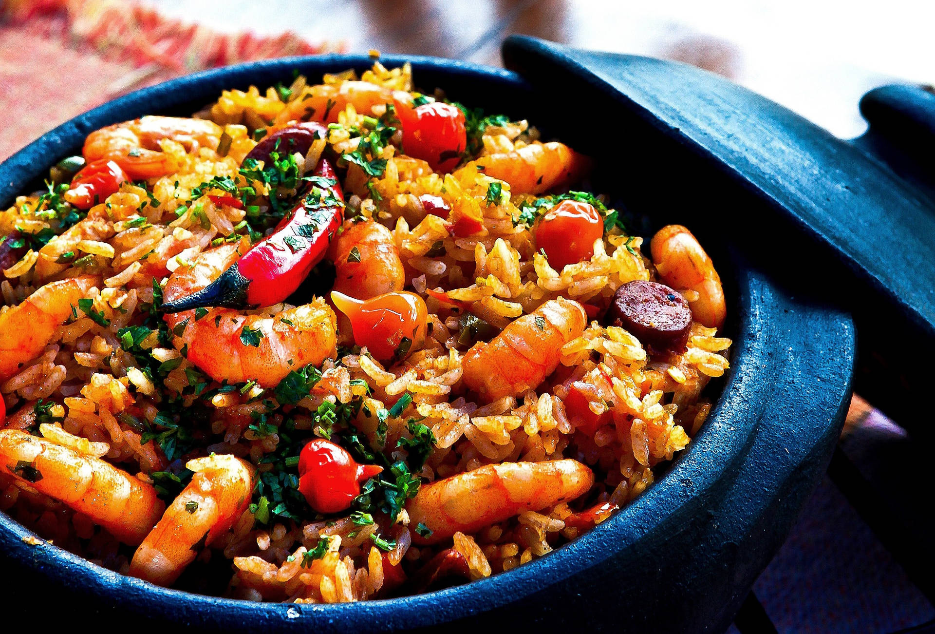 Spicy Shrimp Paella In A Large Pot Background