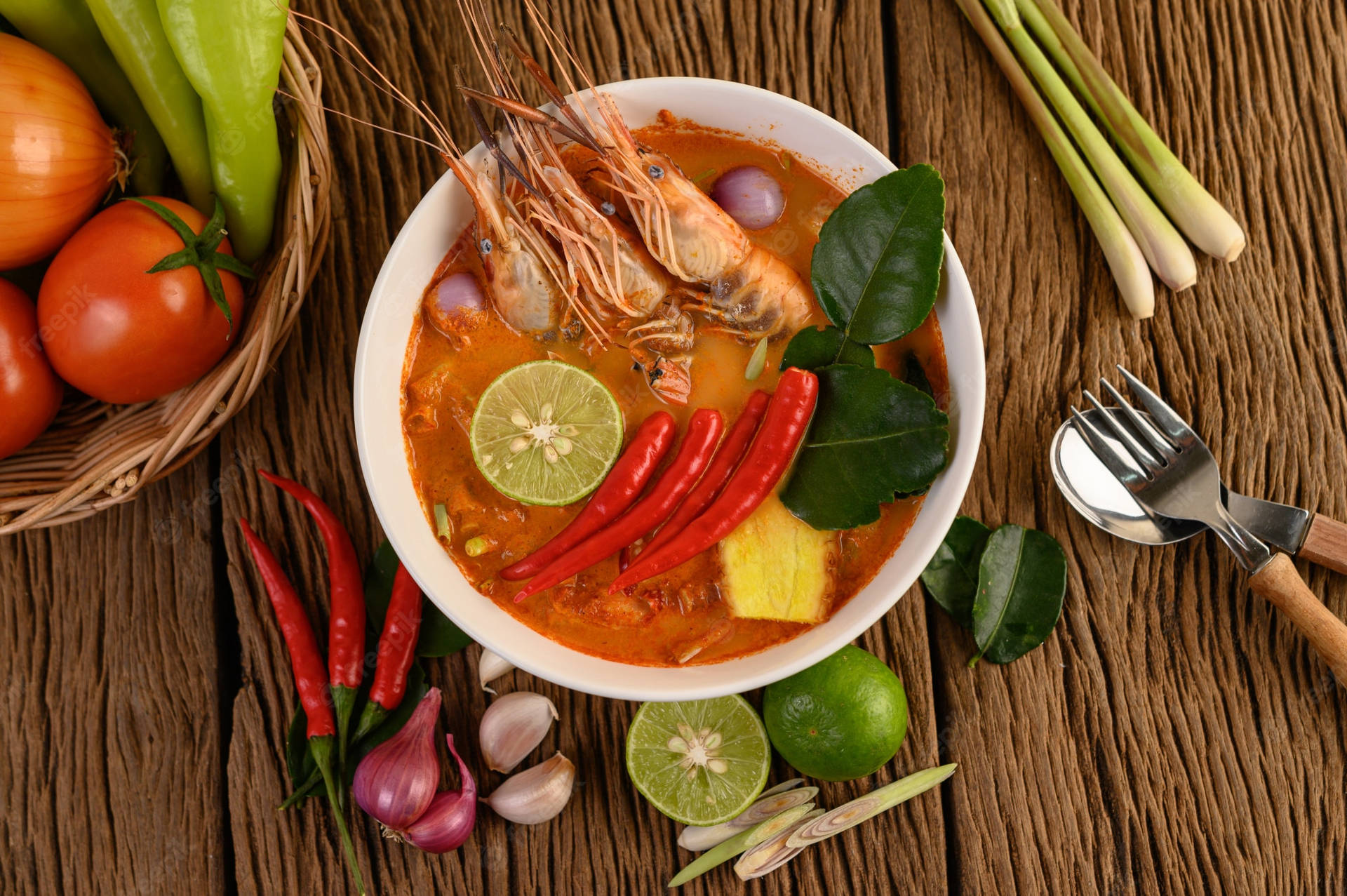 Spicy Tom Yum Soup With Chillies And Prawns Background