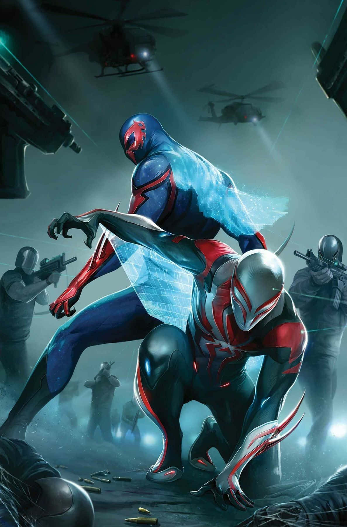 Spider-man 2099 Swinging In Action Background