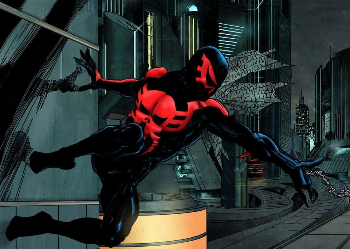 Spider-man 2099 Swinging Through Futuristic Cityscape Background