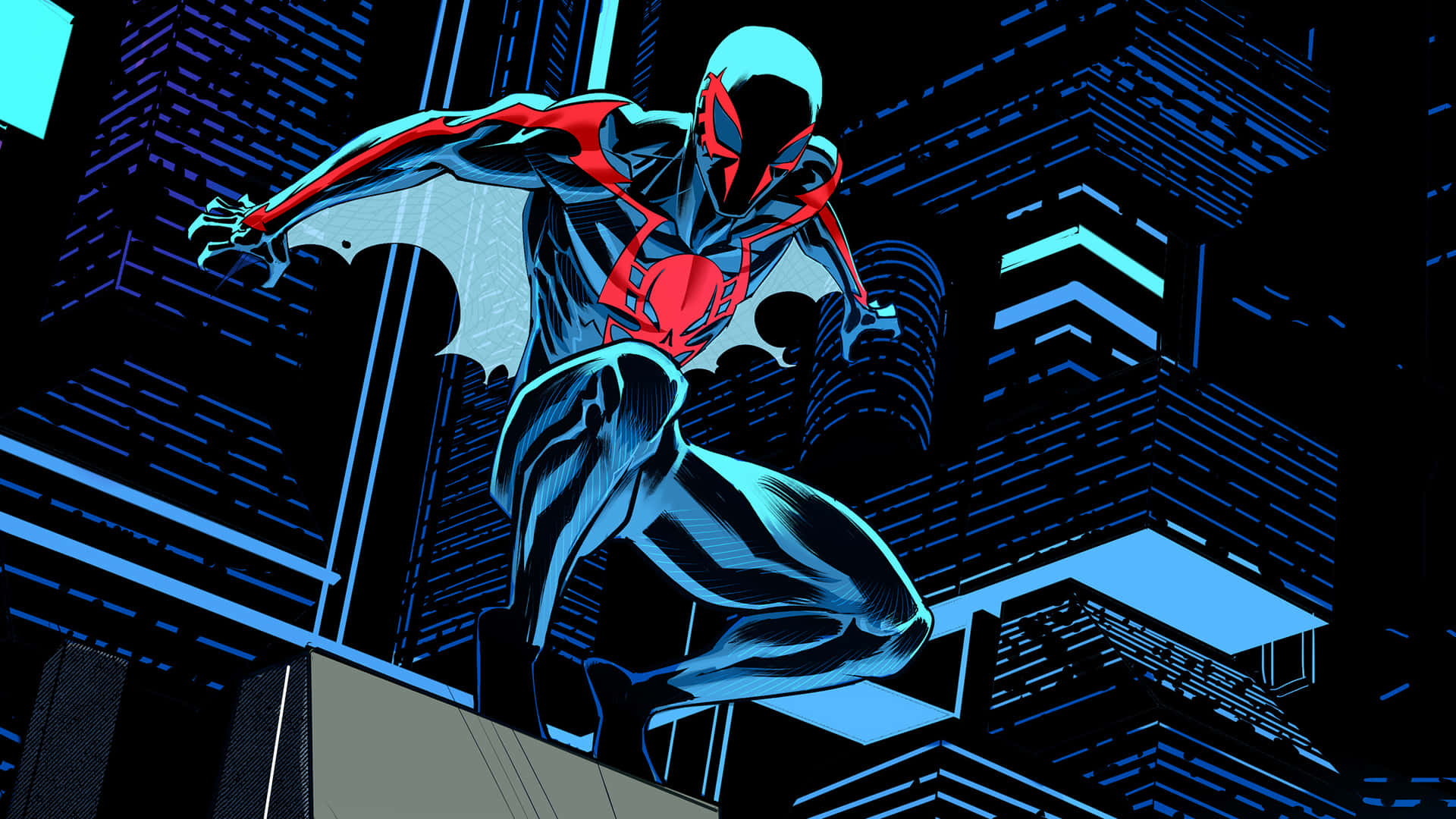 Spider-man 2099 Swinging Through The Future City Background