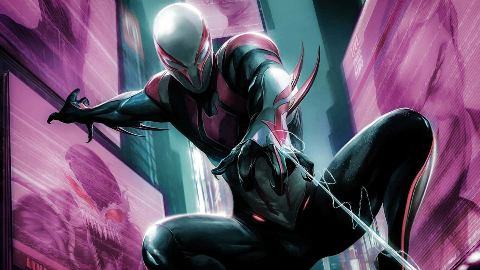 Spider-man 2099 Swinging Through The Future City Background