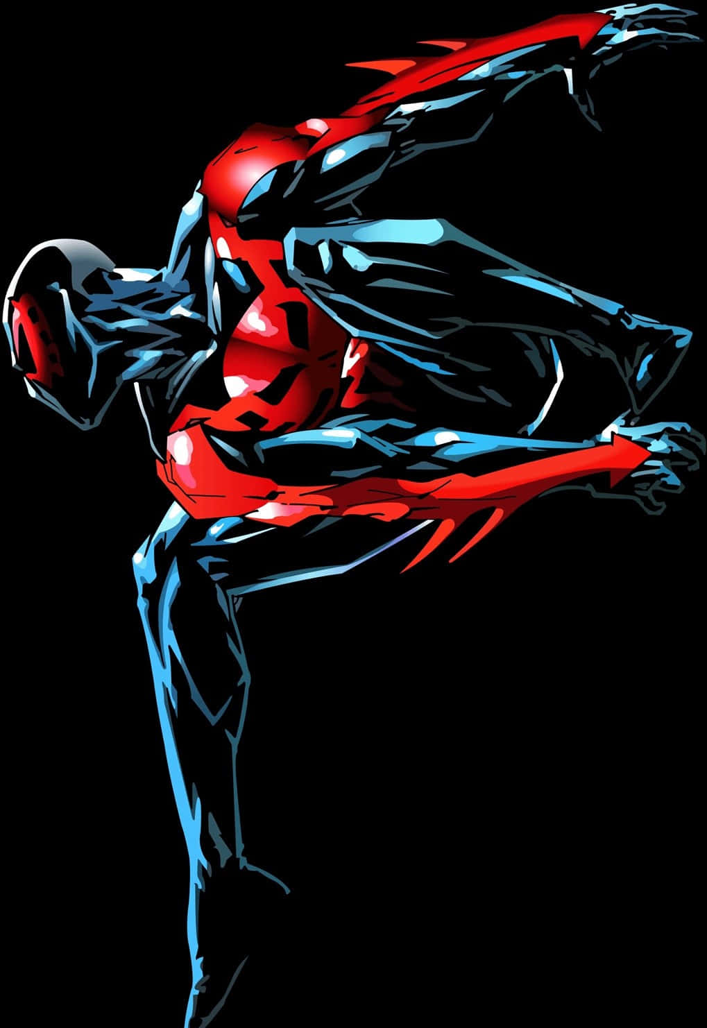 Spider-man 2099 Swinging Through The Futuristic Cityscape