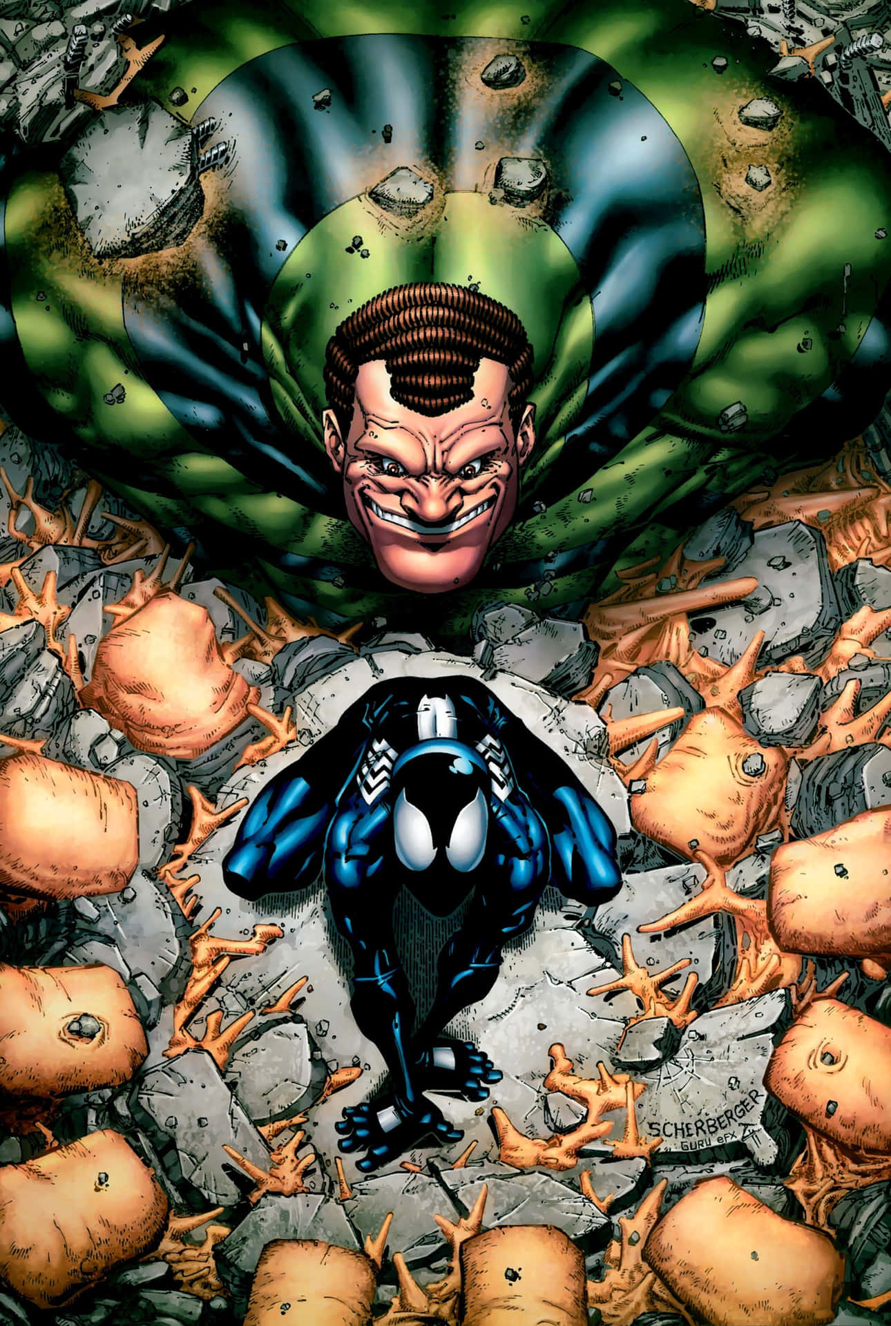 Spider - Man And A Green Man In The Middle Of A Pile Of Rocks Background