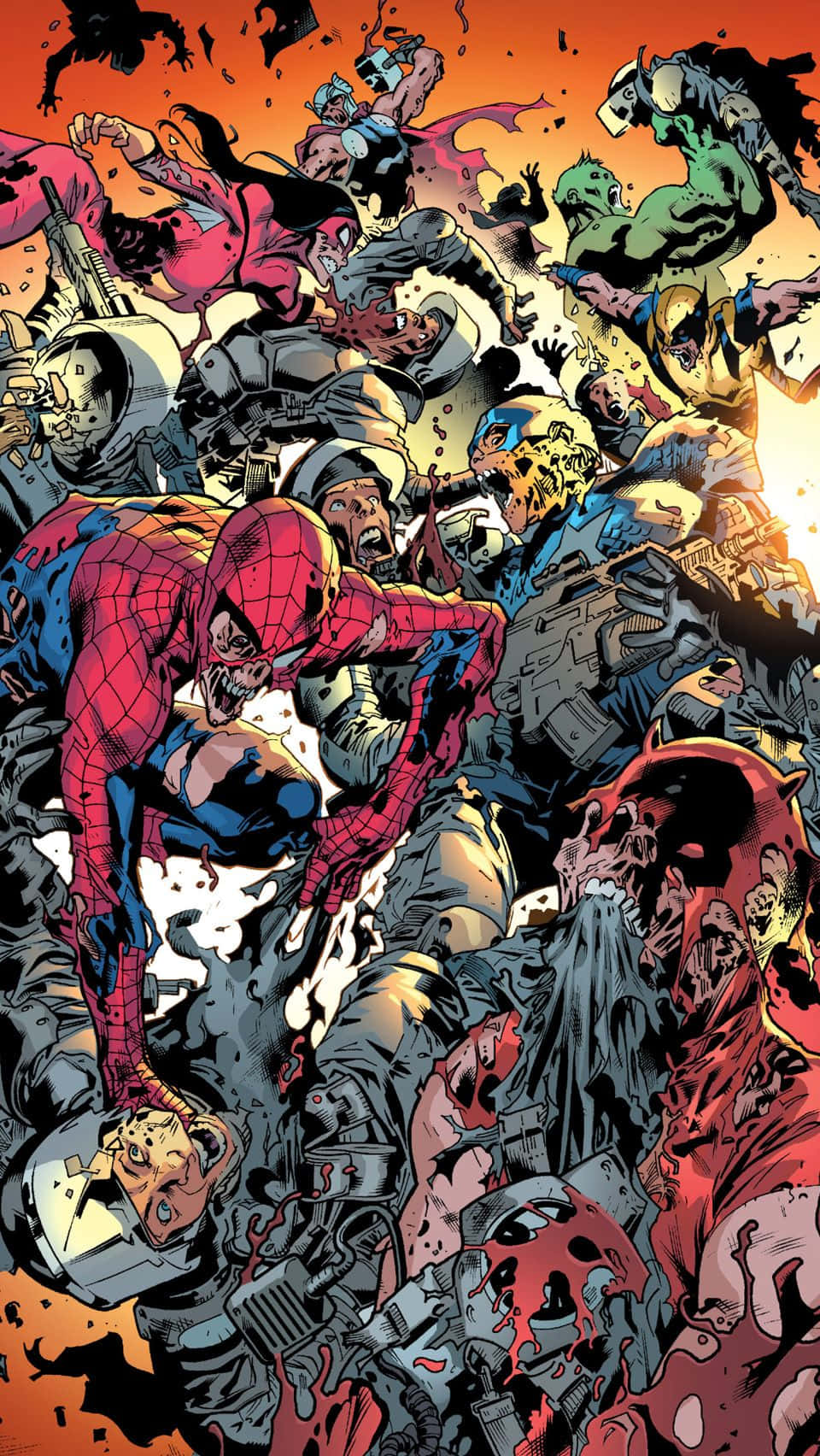 Spider - Man And His Friends Are Fighting In The Comic Book Background