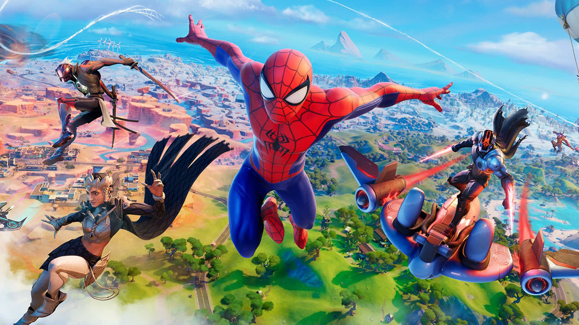 Spider - Man And His Friends Flying In The Air Background