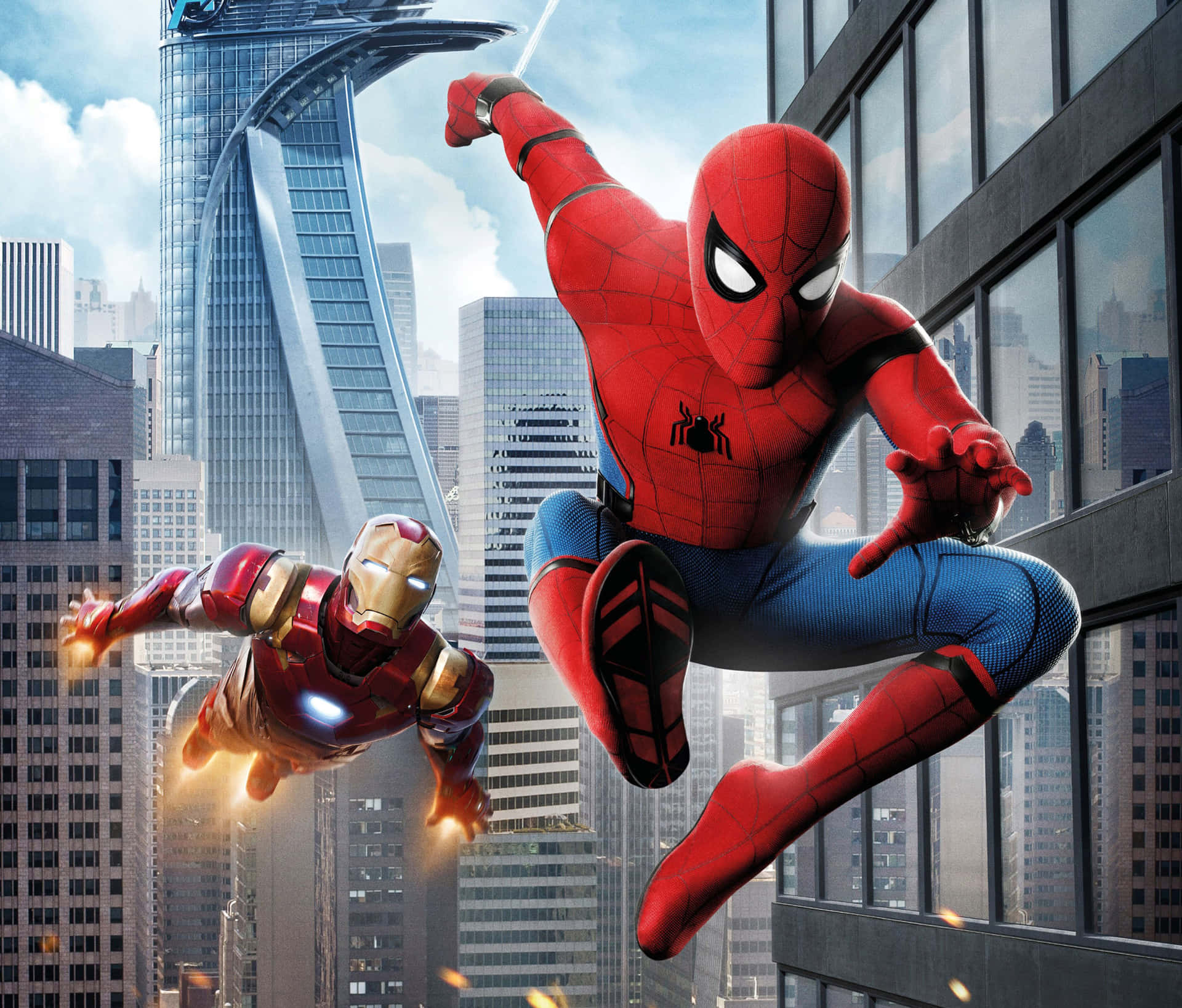 Spider - Man And Iron Man Flying In The Air Background