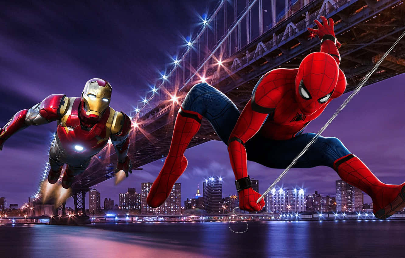 Spider Man And Iron Man In Epic Alliance Background